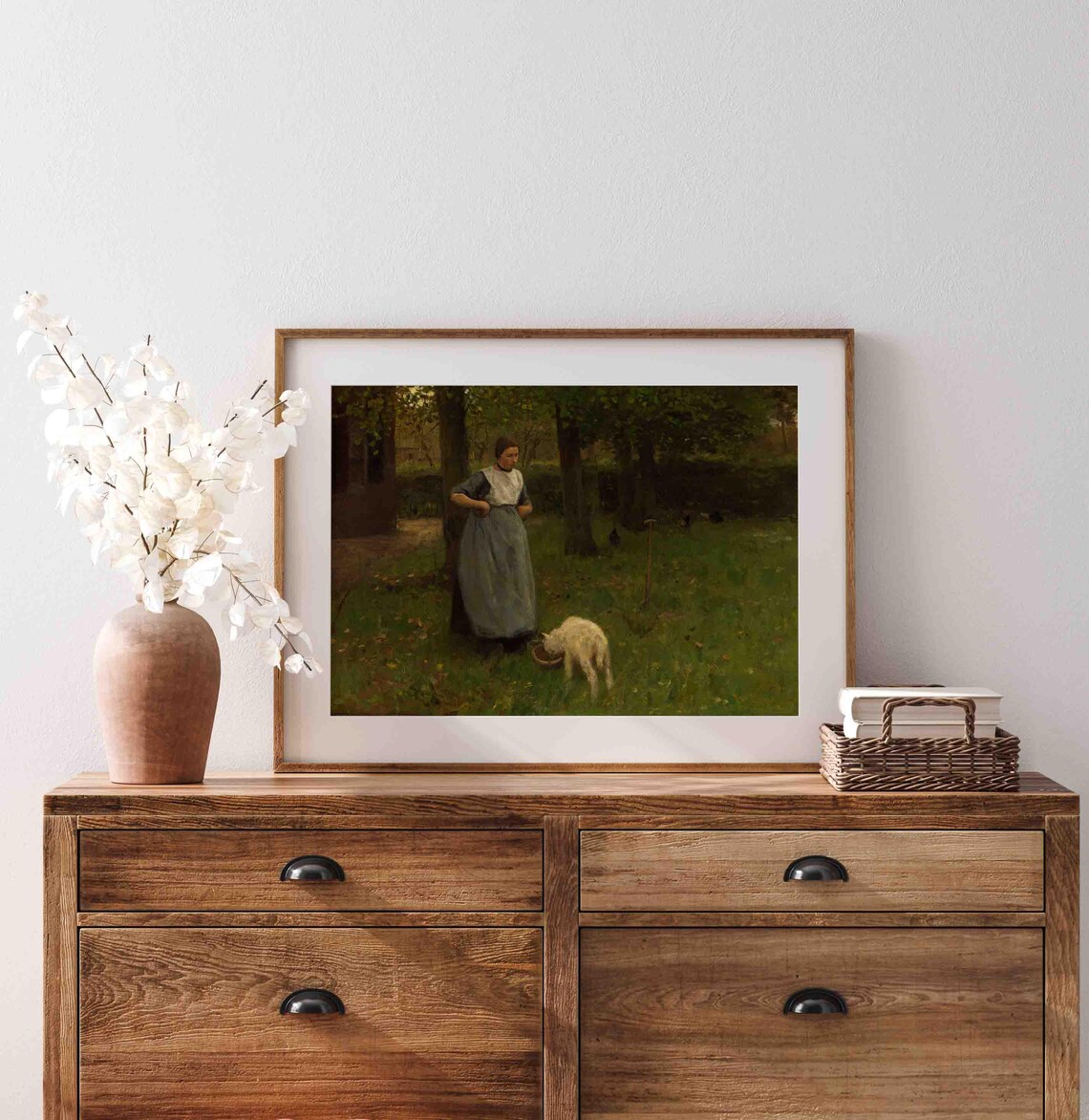 Peasant Woman Feeding Lamb In Green Meadow Antique Farm Painting Poster - Image 4