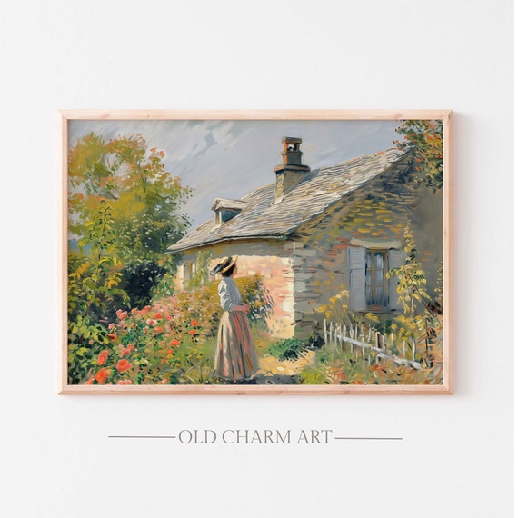 Cottage Garden Vintage Cottage Oil Painting Spring Garden Print Farmhouse Wall Art Decor Wa41
