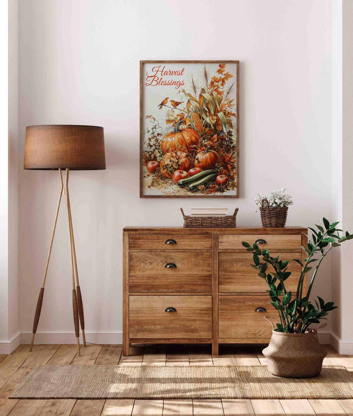 Harvest Blessings Print With Pumpkins Apples And Perched Fall Birds - Image 4