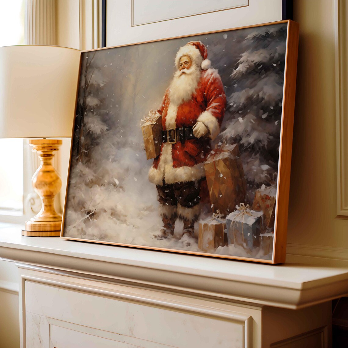 Classic Santa Claus Christmas Gifts Snowy Forest Painting Poster - Image 3