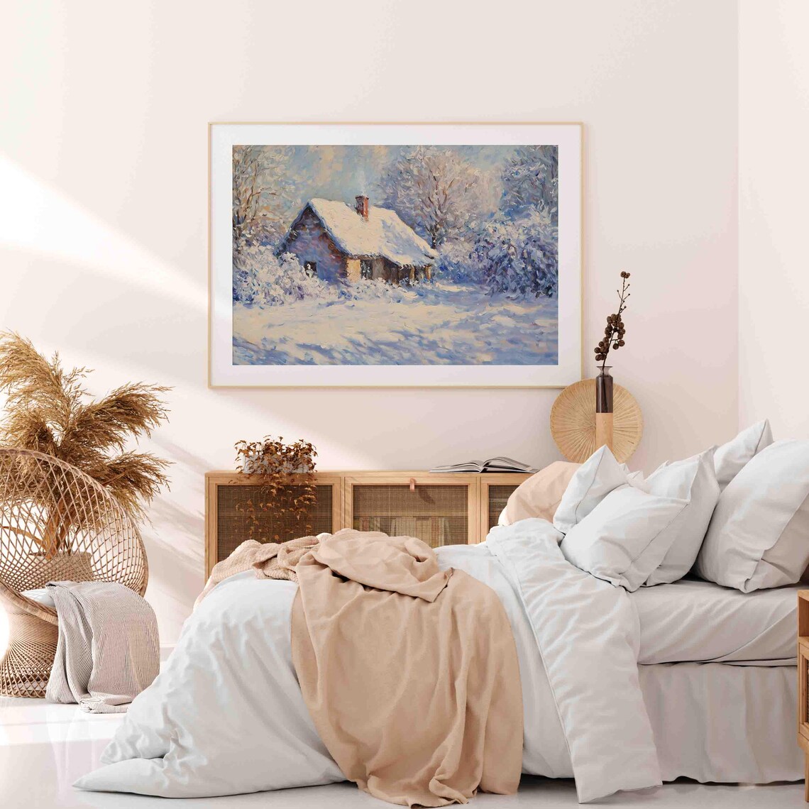 Bright Sunlit Snow Cottage Blue Shadows Winter Painting Poster - Image 4