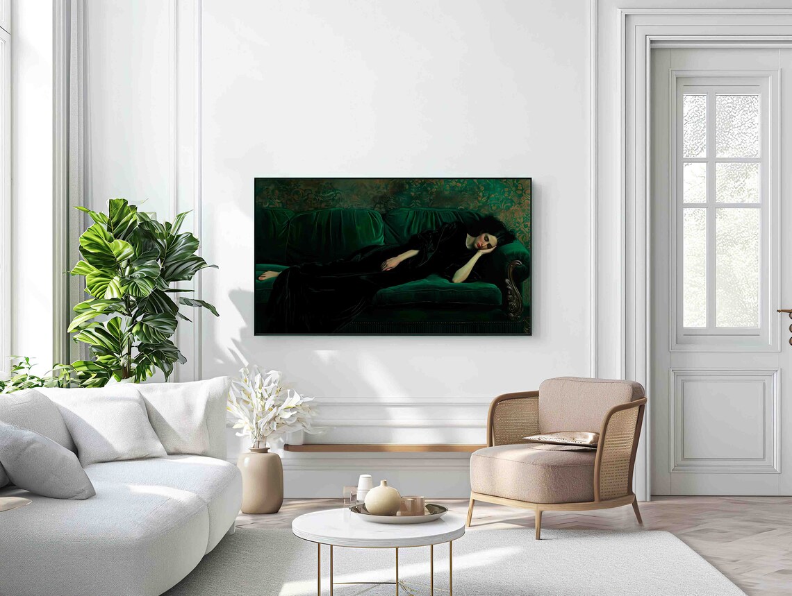 Reclining Woman in Black on Green Sofa Moody Oil Painting Print - Image 2
