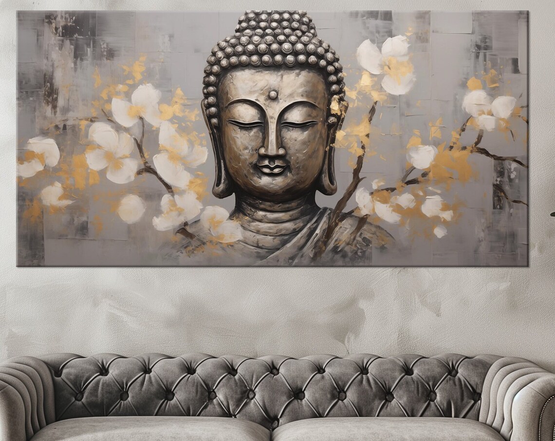 Serene Buddha Face White Gold Flowers Grey Zen Meditation Spiritual Art Poster