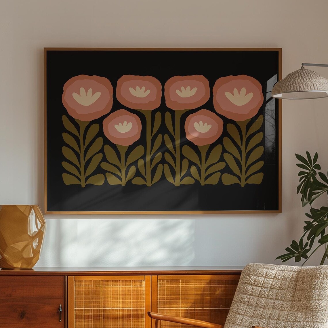 Moody Retro Floral Gallery Dusty Pink Blossoms on Black Poster - Image 7