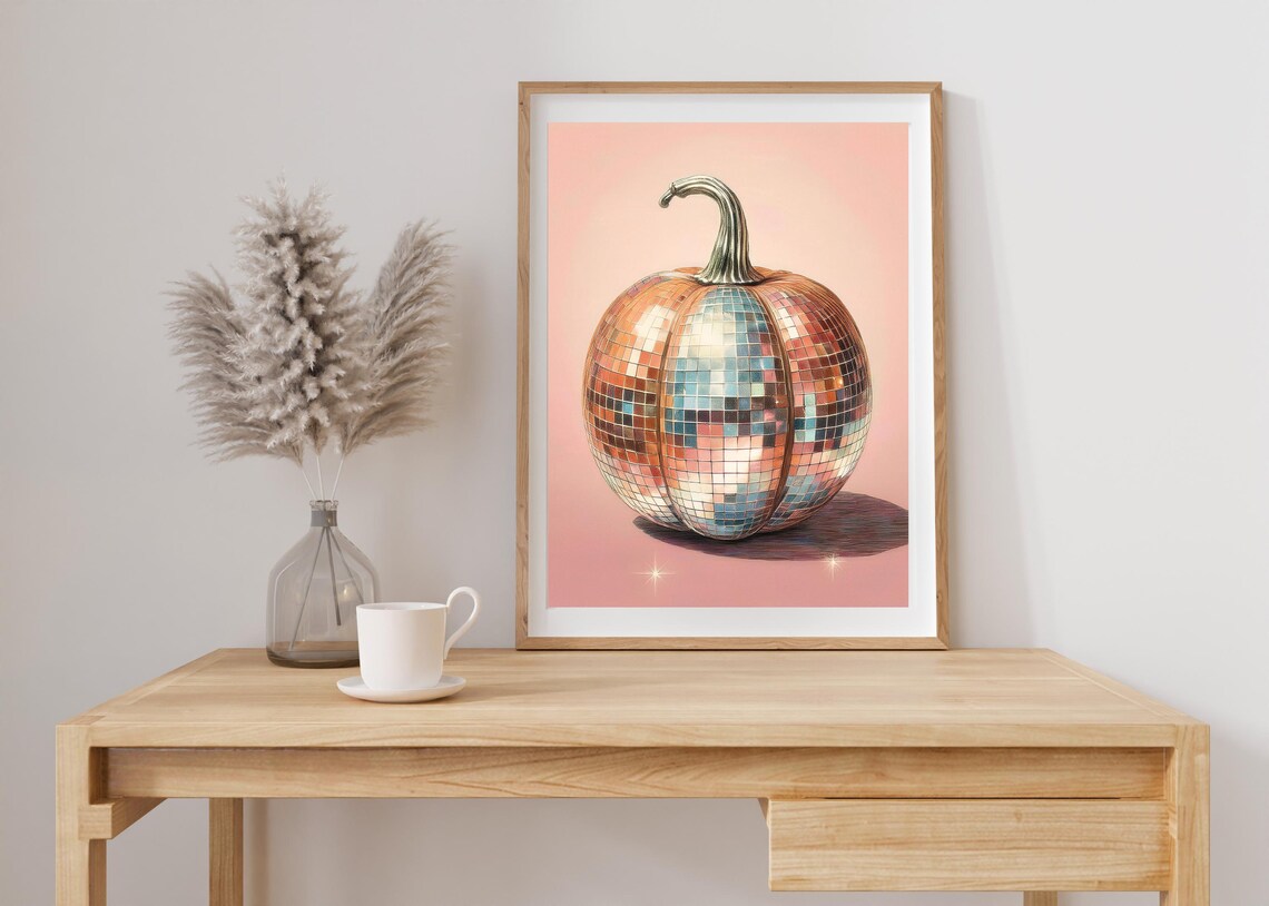 Disco Ball Pumpkin Pink Sparkle Groovy Retro Fall Party Wall Art Poster - Image 5