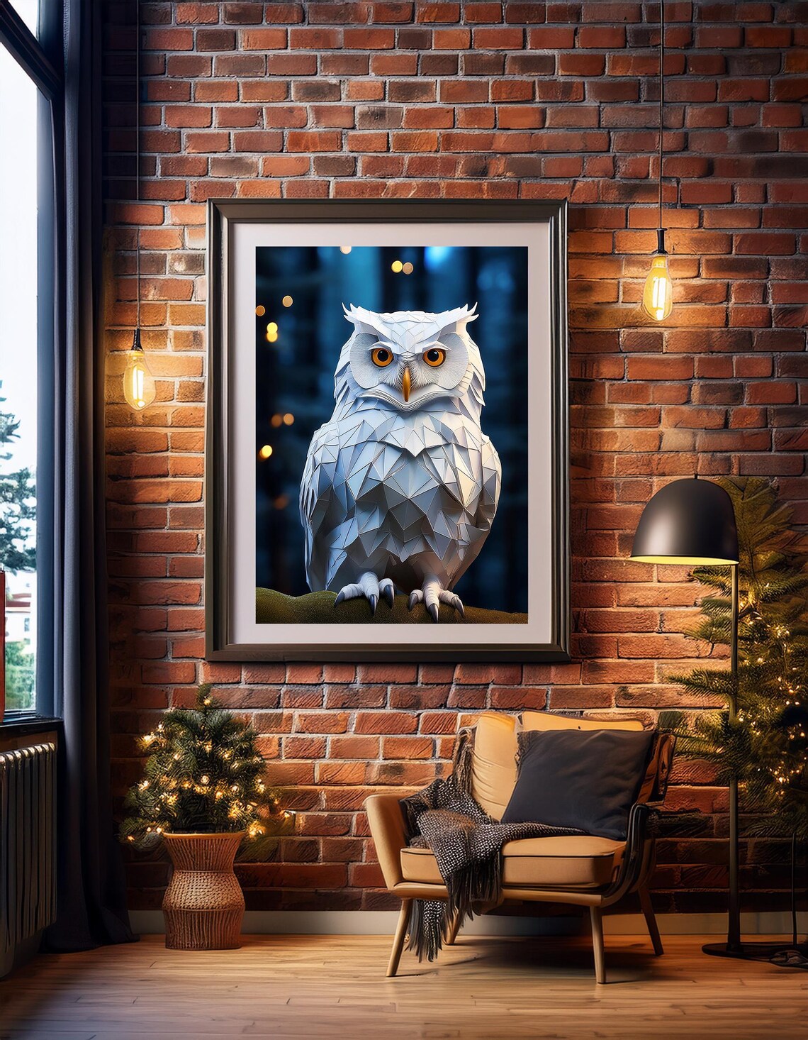 Geometric White Owl Paper Art Amber Eyes Night Moody Animal Wall Art Poster - Image 7