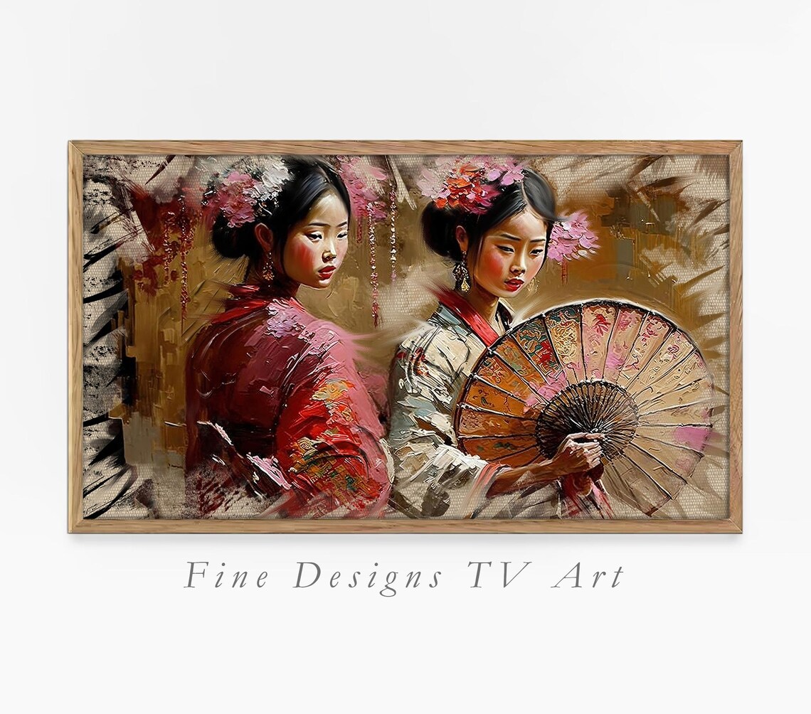 Japanese Geisha Portrait Fan Cherry Blossom Rich Impasto Oil Art Print