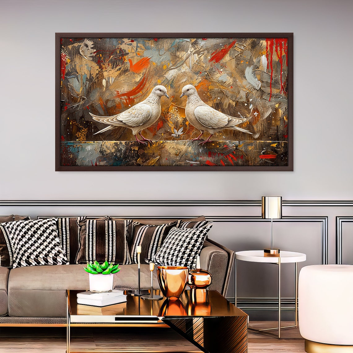 White Doves Pair Gold Abstract Background Symbolic Bird Art Print - Image 2