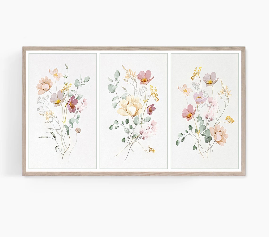 Pastel Wildflower Gallery Triptych Blush Sage Delicate Art Poster