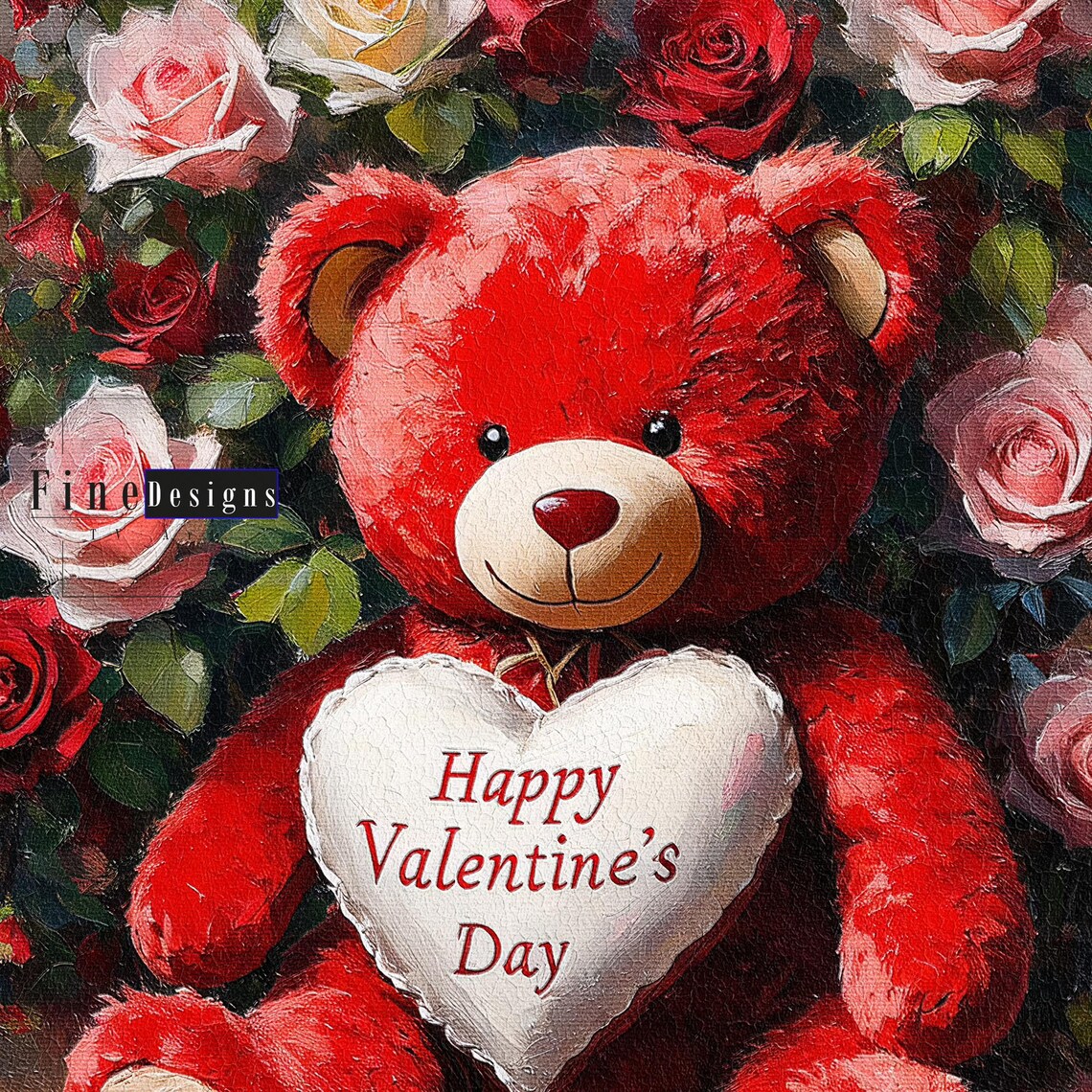 Red Teddy Bear Holding Heart Valentines Day Roses Romantic Poster - Image 2