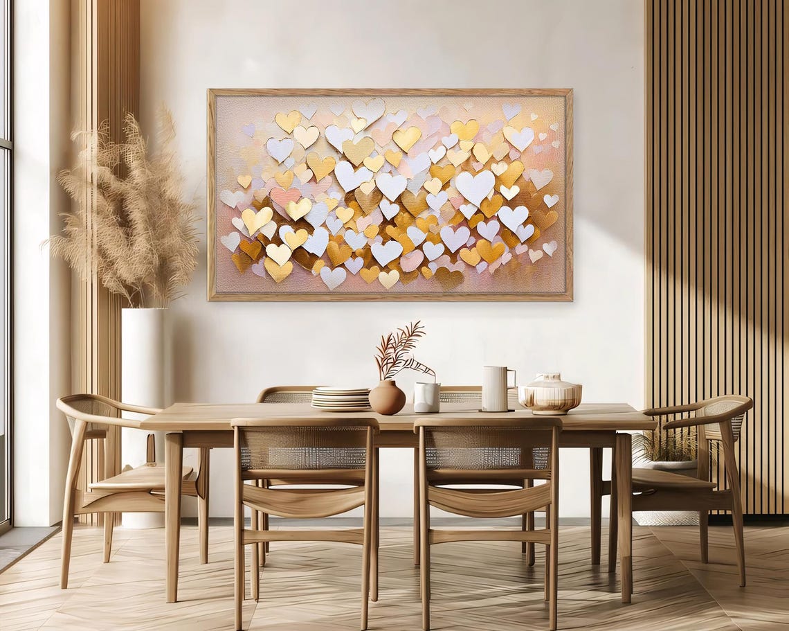 Gold White Heart Confetti Abstract Love Painting Romantic Wall Art - Image 4