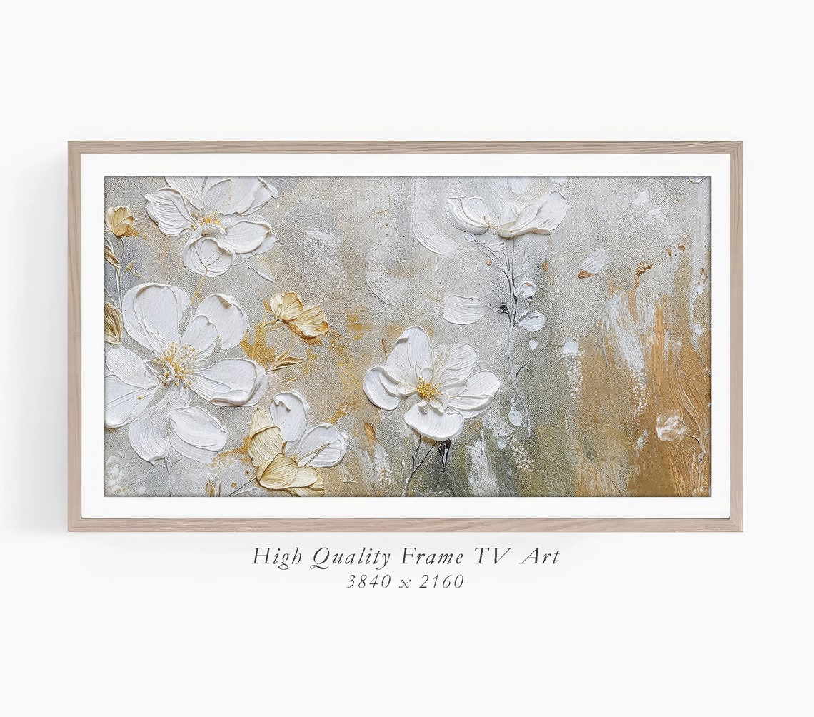 White Blossoms Gold Accents Gray Textured Abstract Floral Art Print - Image 3