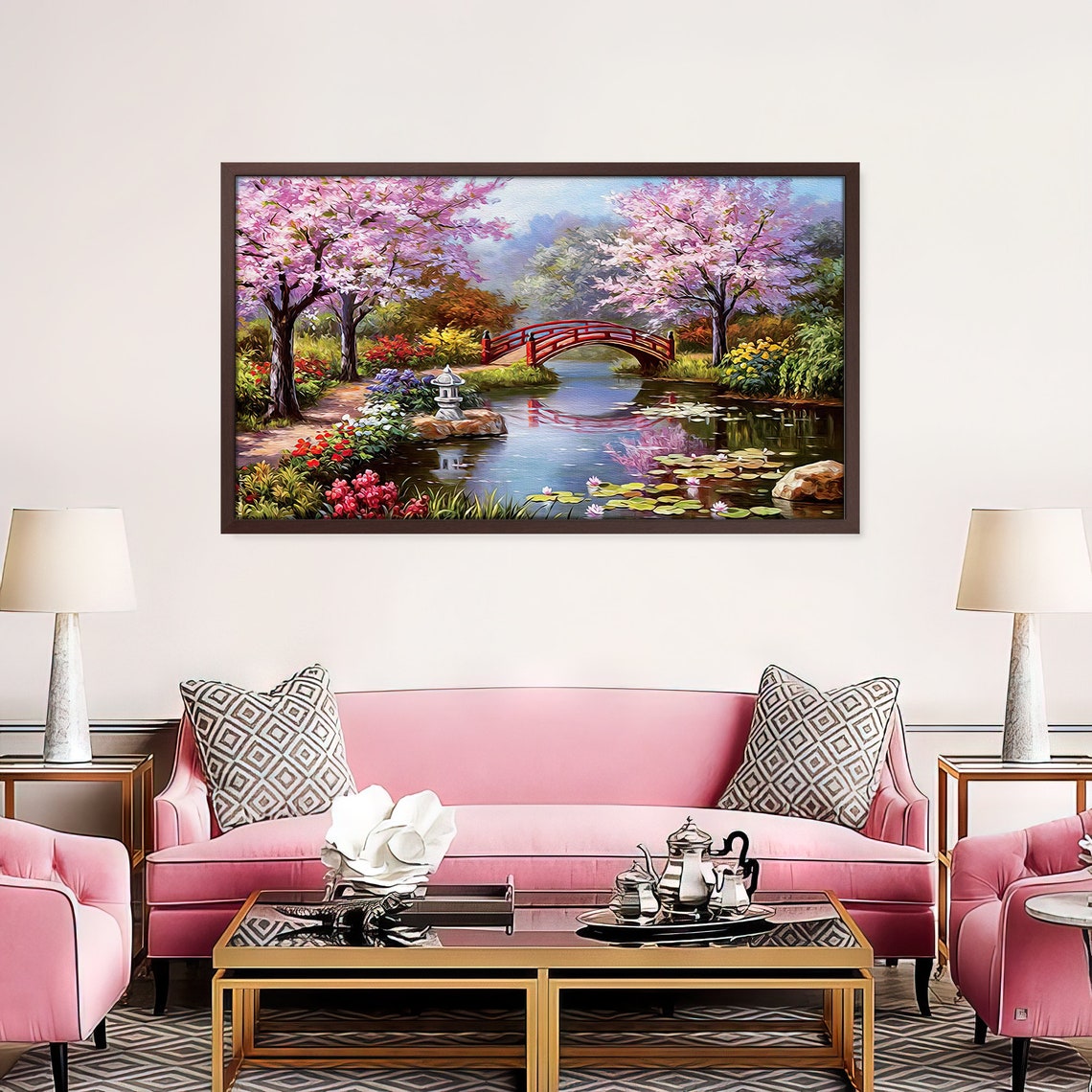 Japanese Cherry Blossom Garden Red Bridge Pond Asian Art Poster - Image 2