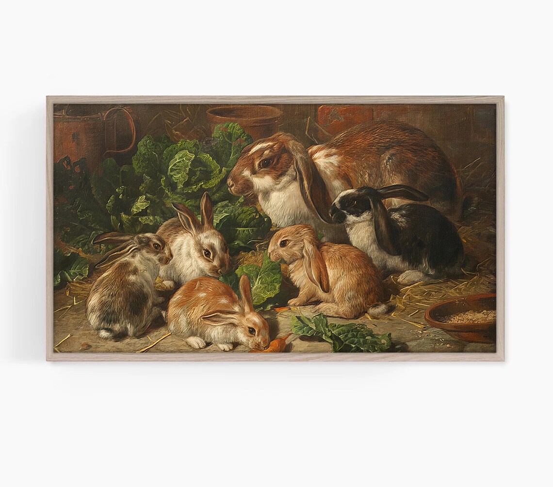 Rabbit Family Vintage Oil Painting Cute Bunny Stable Scene Art Print