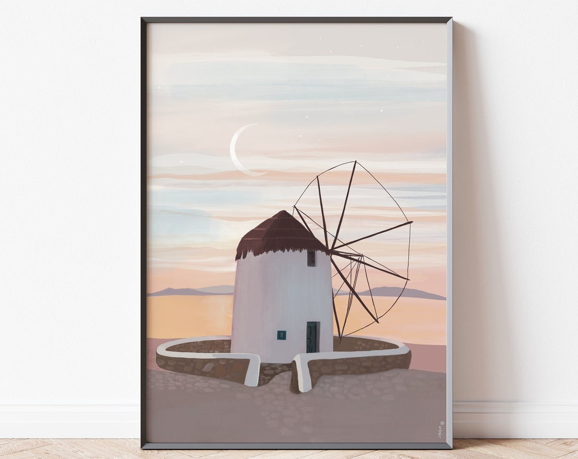 Santorini Greece Cycladic Windmill Sea Sunset Crescent Moon Art Poster - Image 4