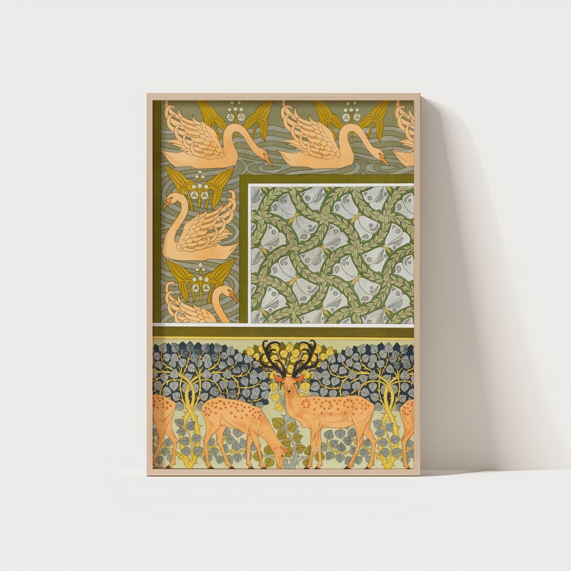 Art Nouveau Swan And Deer Woodland Animals Vintage Pattern Poster