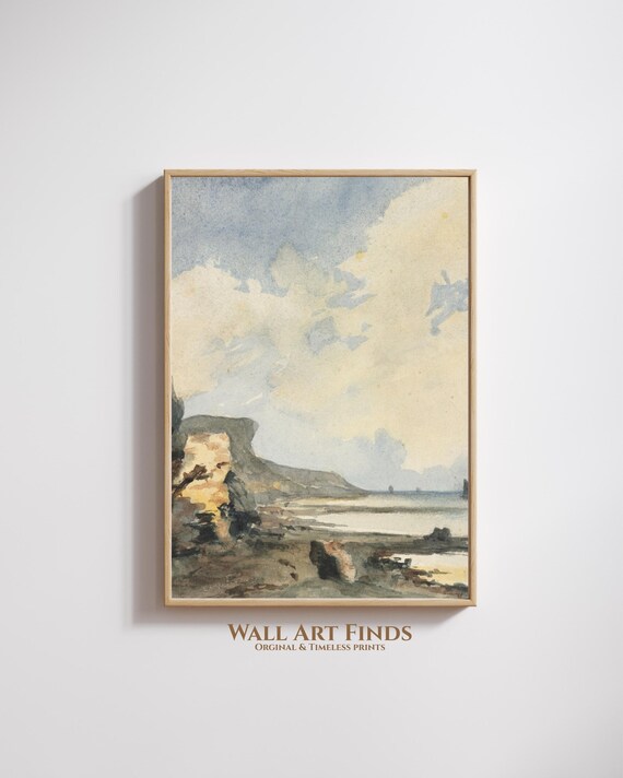 Serene Coastal Watercolor Landscape Vintage Seaside Art Poster