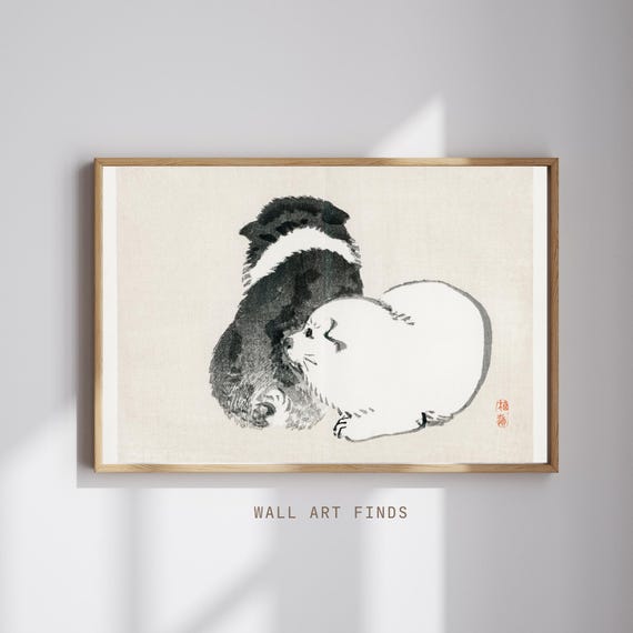 Kno Bairei Animal Print Japanese Sumie Art Vintage Ink Painting Of Two Rodents Zen Minimalist Wall Decor 300 Dpi