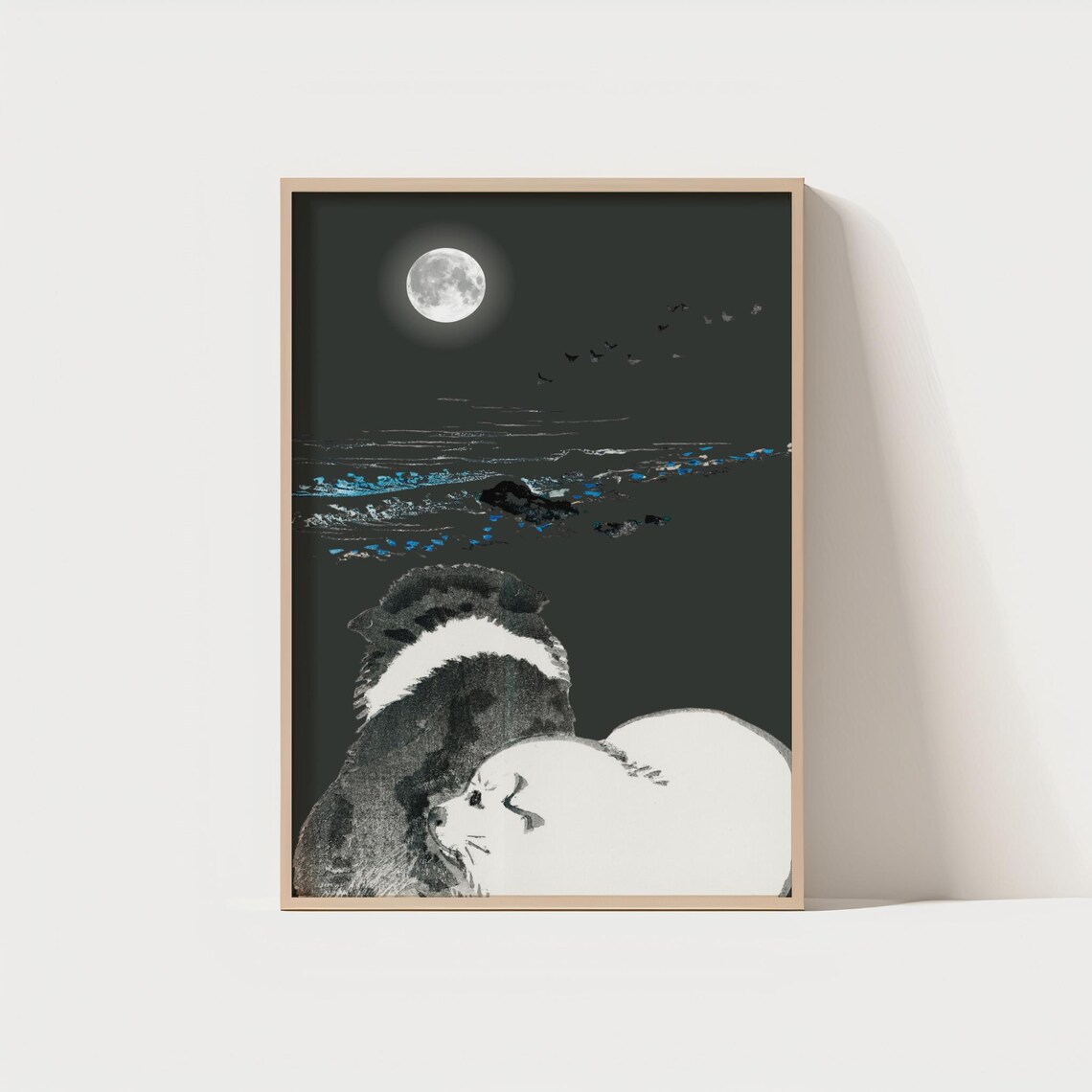 Moonlit Sea with Sleeping Puppies Japanese Night Ink Art Print
