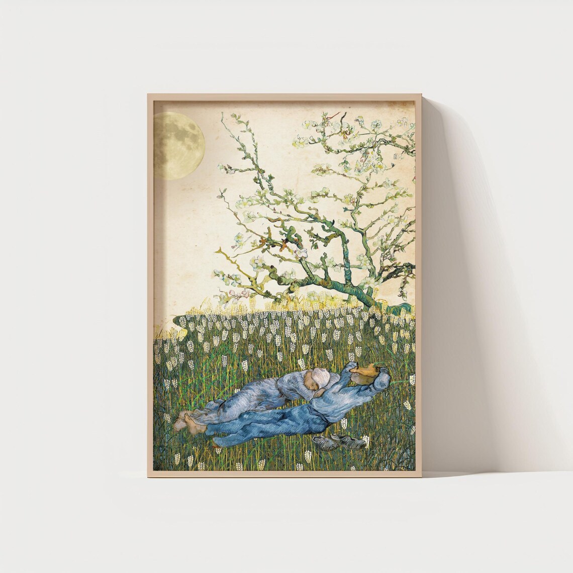 Moonlit Rest in Blooming Field Japanese Style Night Scene Poster