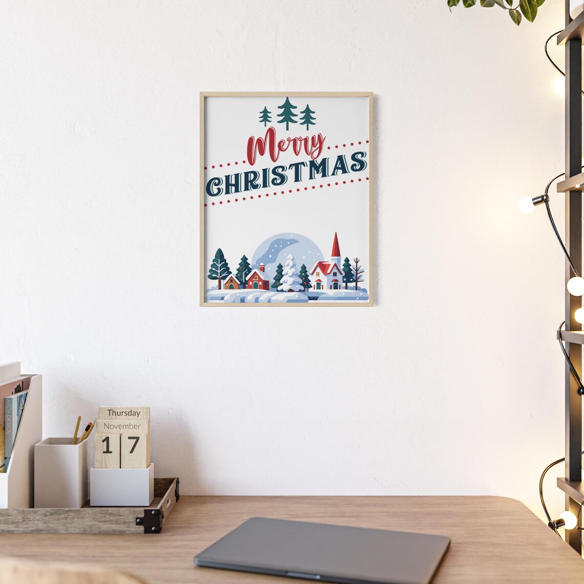 Merry Christmas Snowy Village Church Winter Scene Holiday Poster - Image 2
