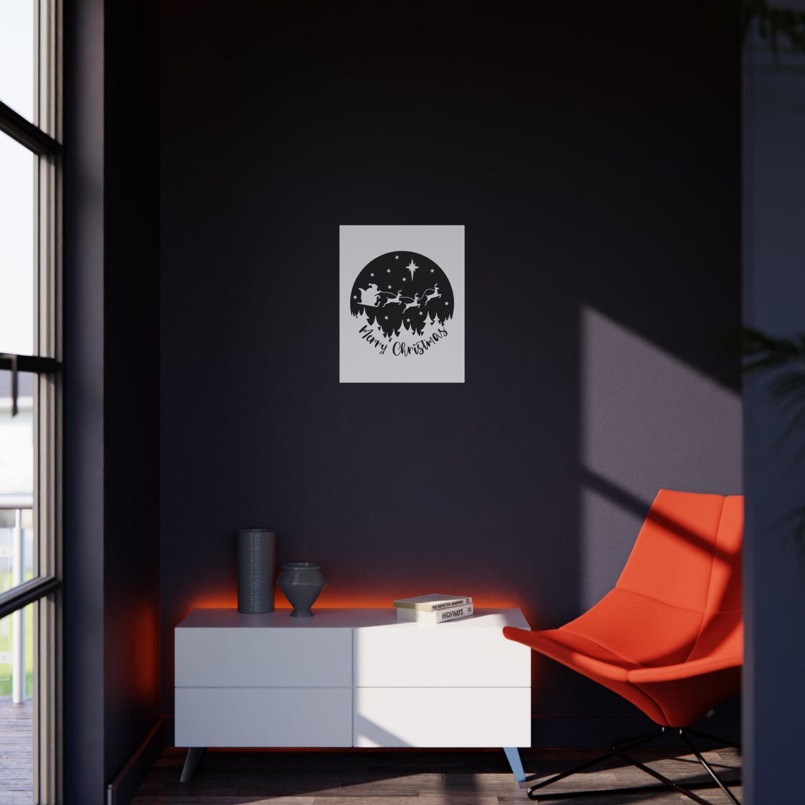 Merry Christmas Santa Sleigh Reindeer Black Moon Night Poster - Image 2