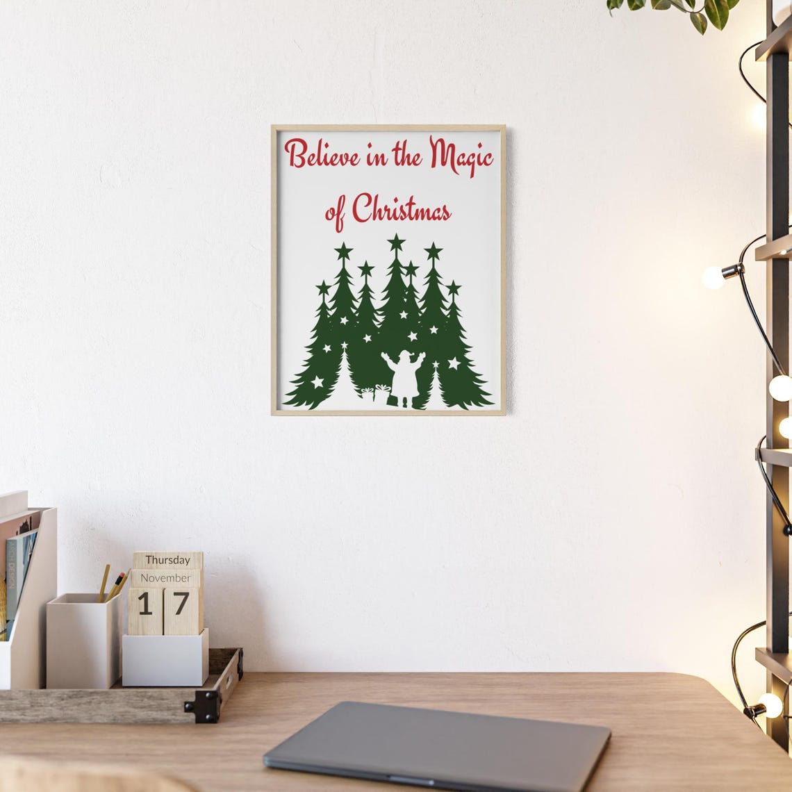 Believe In The Magic Of Christmas Green Pine Trees Stars Poster - Image 2