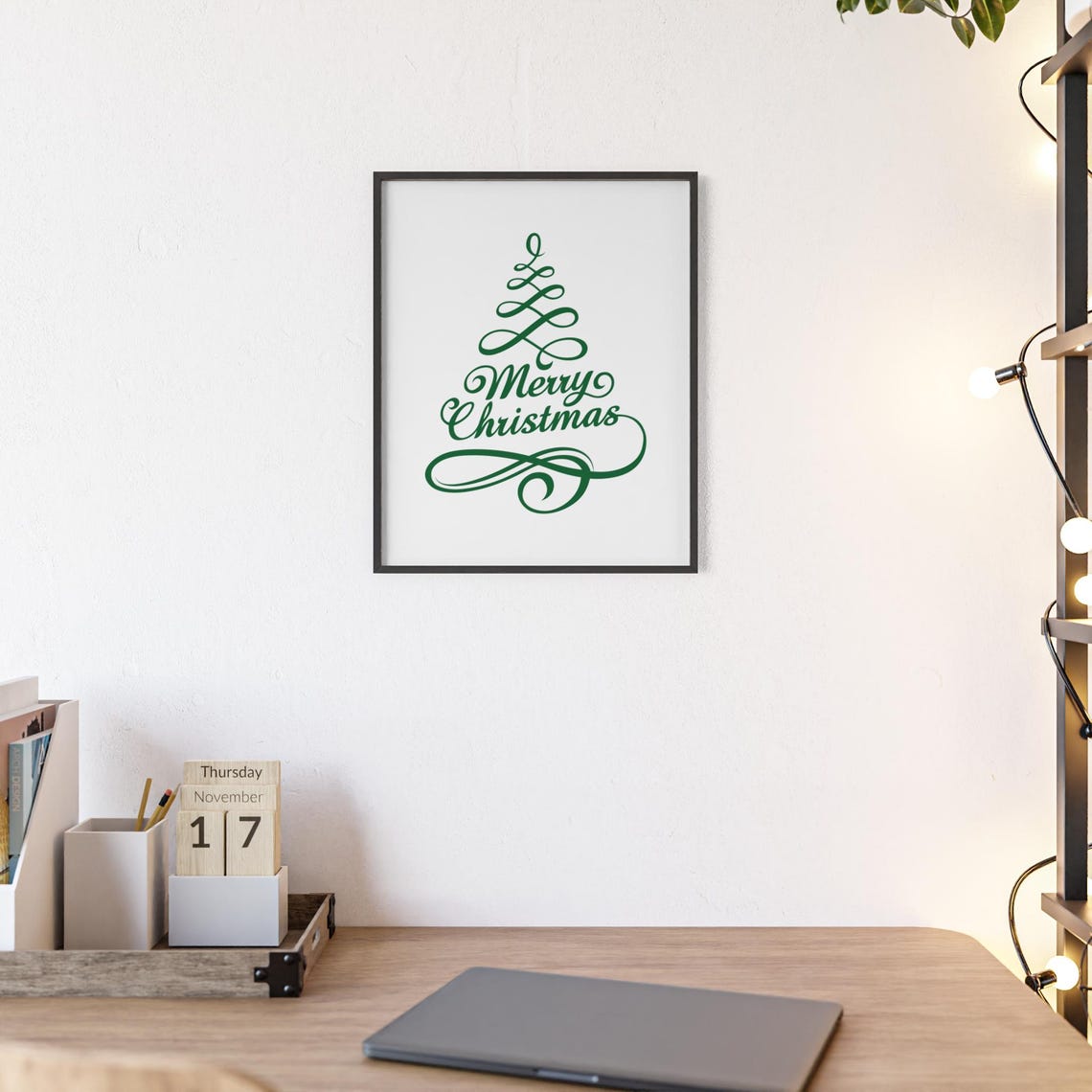 Merry Christmas Green Script Tree Elegant Calligraphy Poster - Image 2