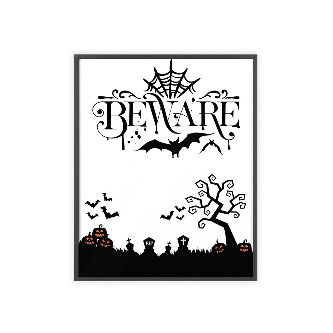 Beware Vintage Halloween Haunted Graveyard Bats Spooky Night Poster - Image 3