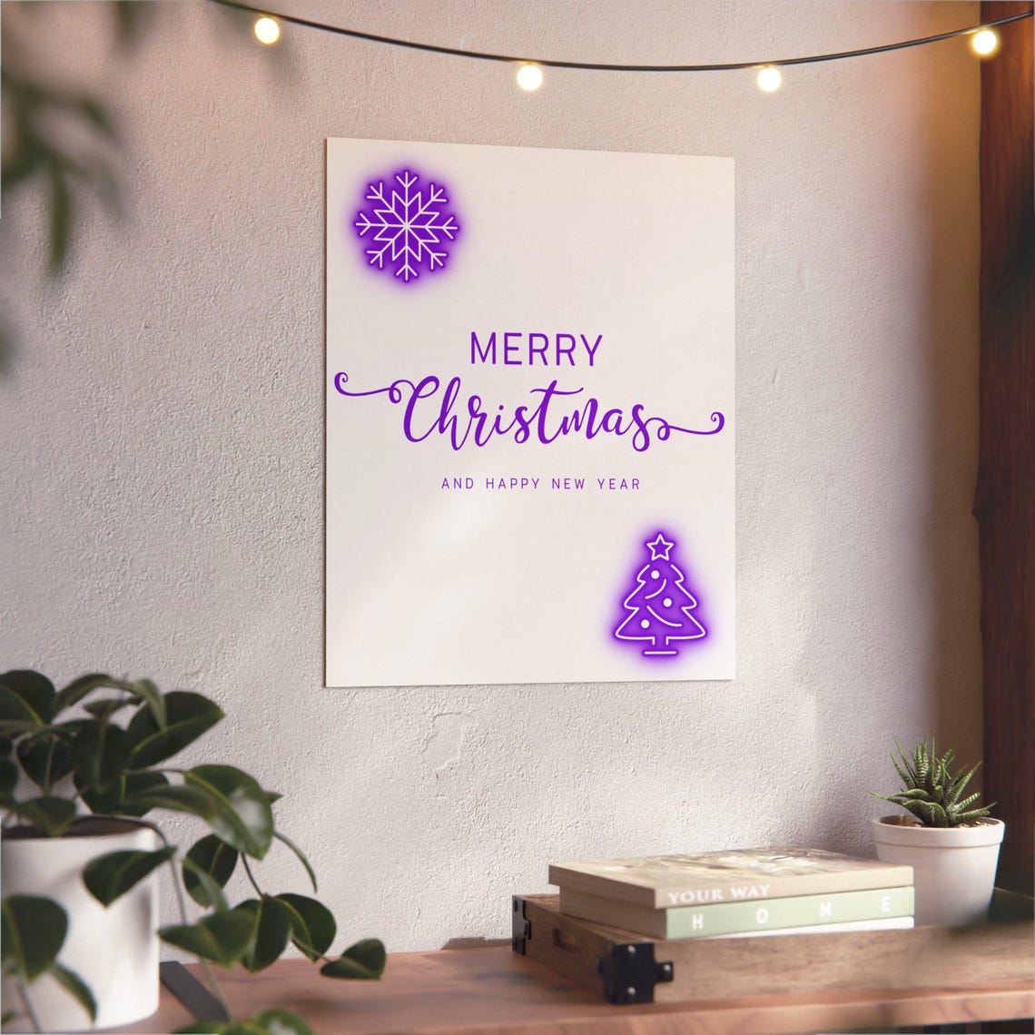 Merry Christmas Purple Neon Snowflake Tree Glowing New Year Poster