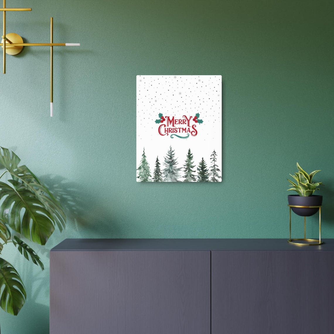 Merry Christmas Holly Watercolor Pine Trees Winter Snow Poster - Image 2