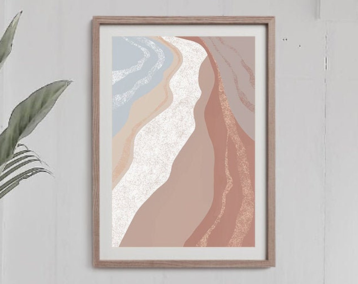 Blue Beige Terracotta Flowing Waves Abstract Gold Line Wall Poster - Image 4