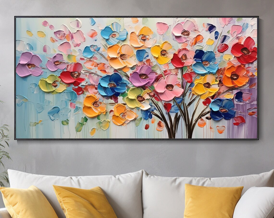 Rainbow Floral Bouquet Impasto Colorful Flowers Pale Blue Wall Art