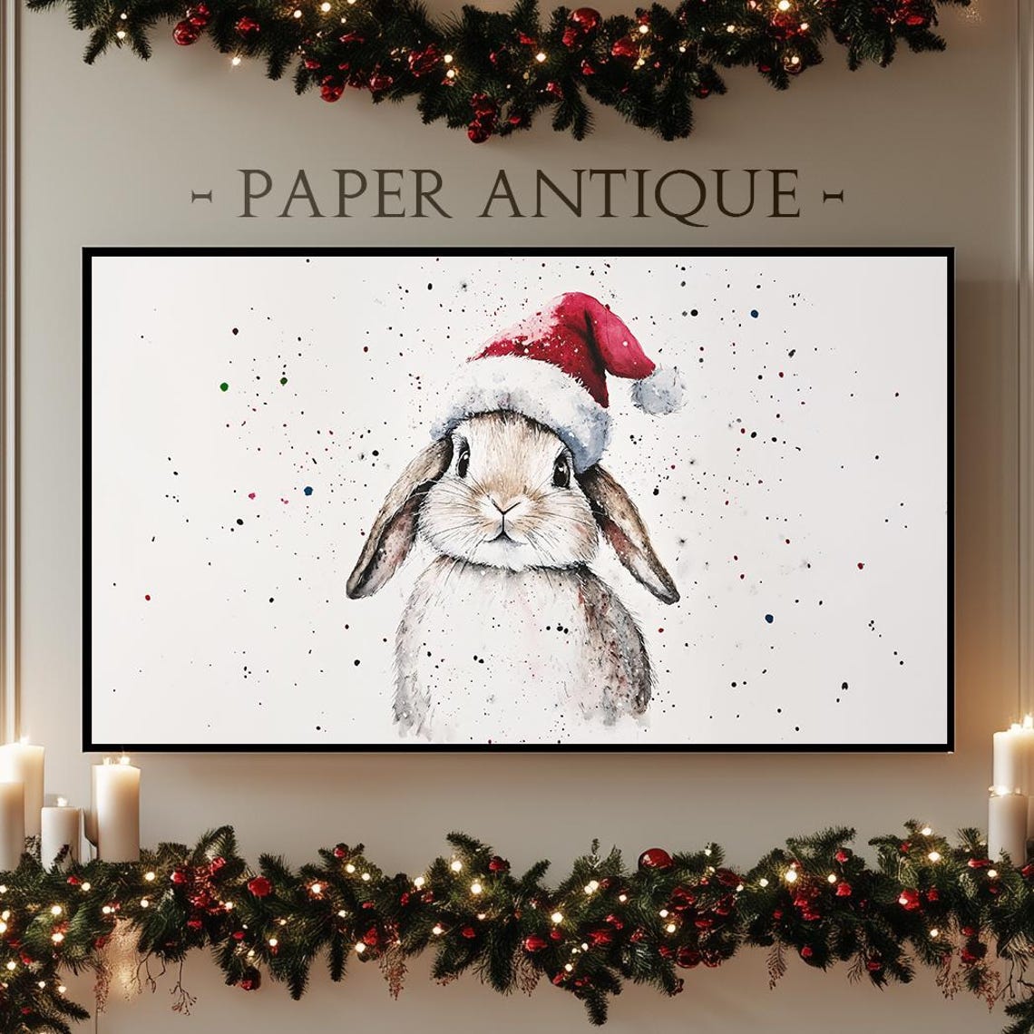 Festive Bunny in Santa Hat Playful Watercolor Christmas Poster