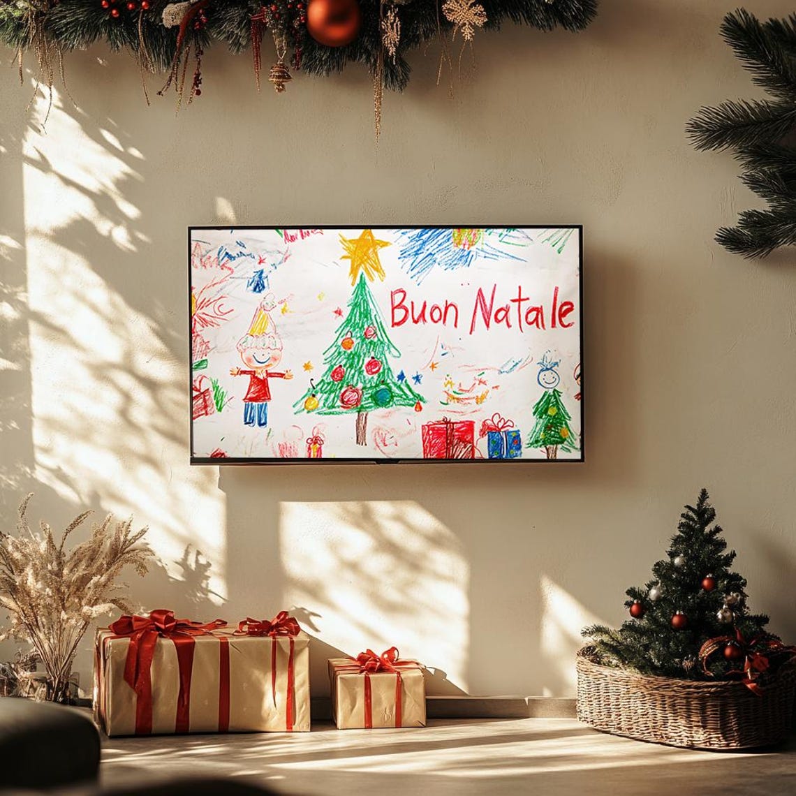 Buon Natale Kids Crayon Drawing Christmas Tree Festive Holiday Poster - Image 3