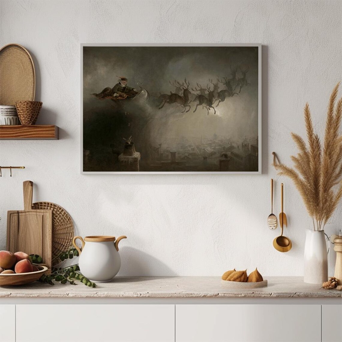Santa Claus Flying Sleigh Reindeer Over City Vintage Painting Poster - Image 4