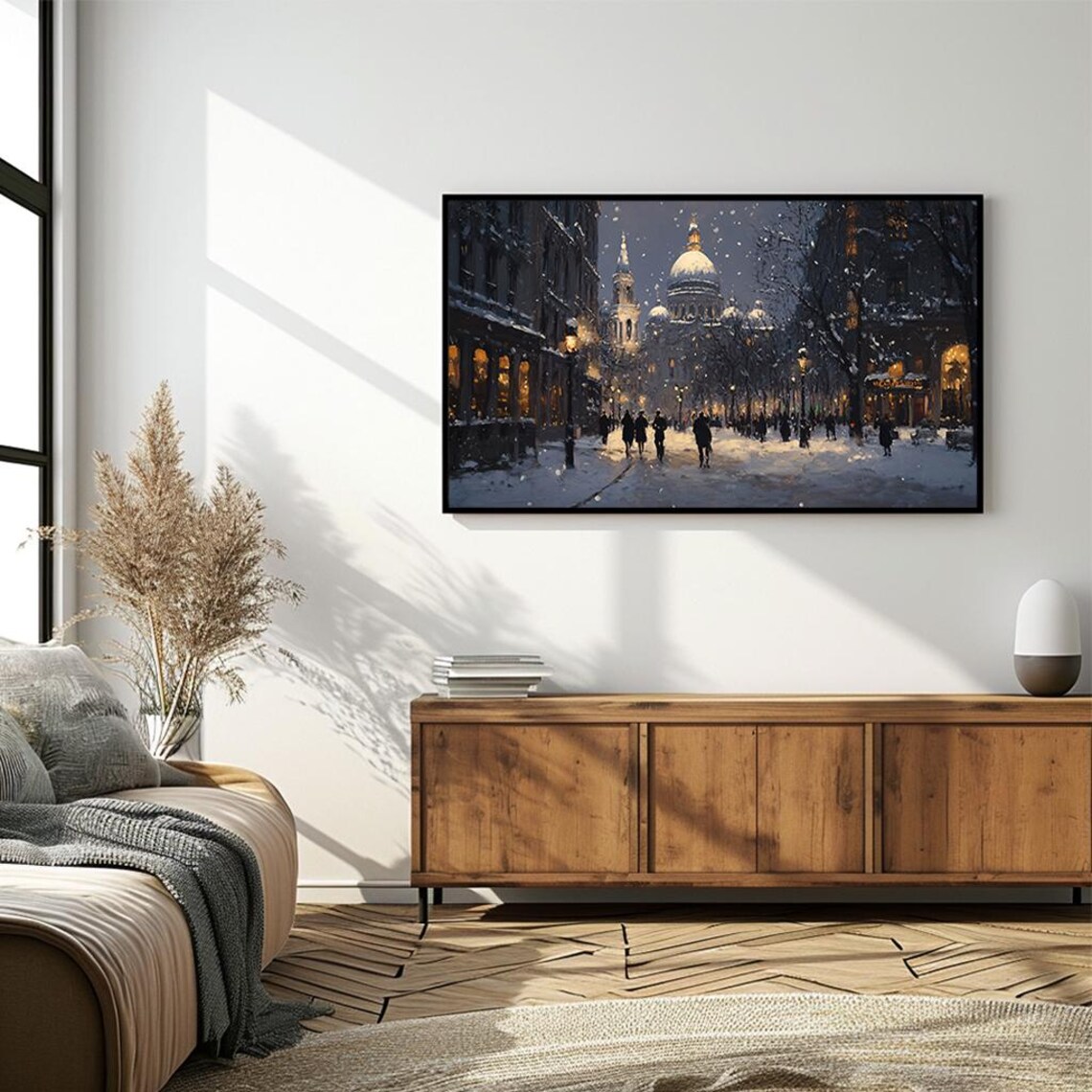 Snowy City Street Cathedral Evening Oil Painting Winter Scene Poster - Image 4