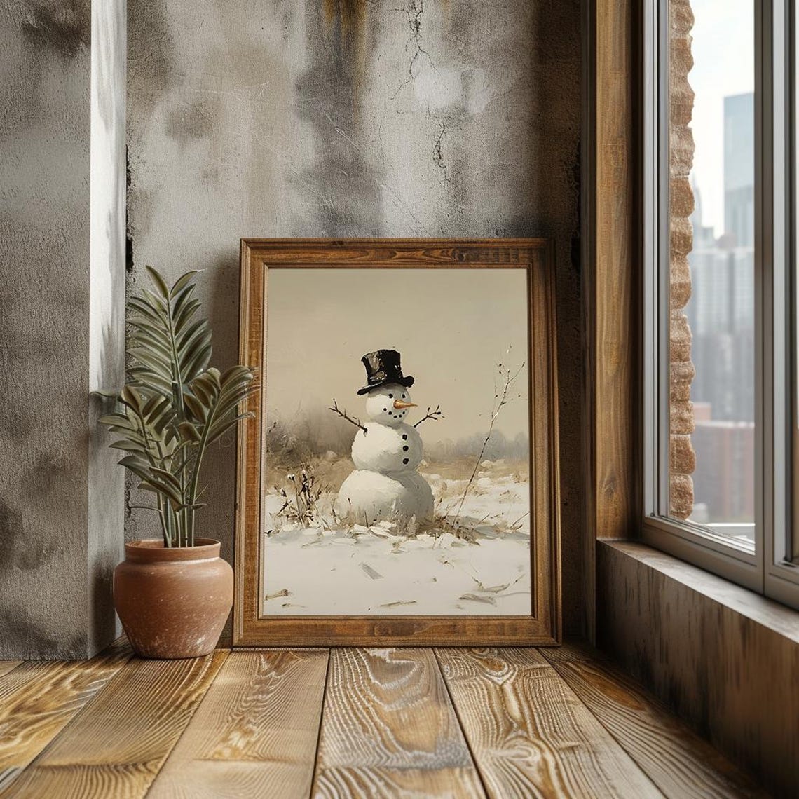 Minimalist Snowman With Top Hat Standing In Snowy Field Poster - Image 2