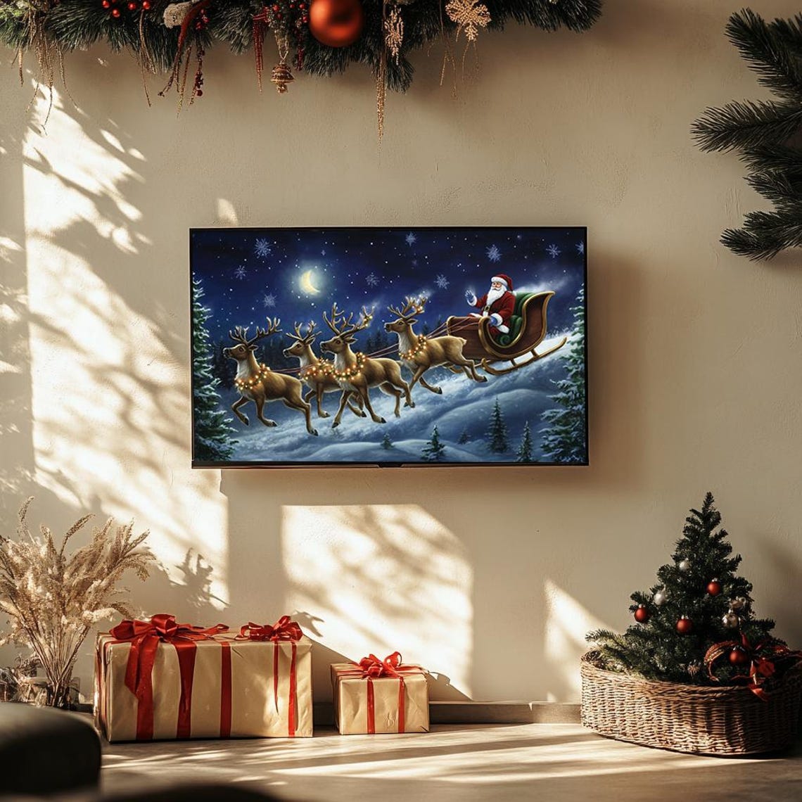 Santa Flying Sleigh with Reindeer Magical Christmas Night Sky Poster - Image 3