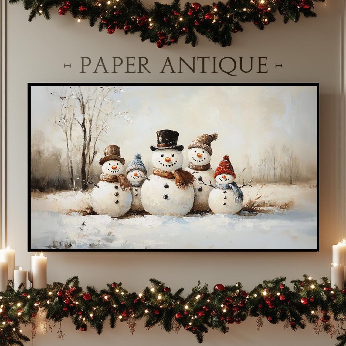 Family Of Five Snowmen In Snowy Landscape Charming Winter Poster