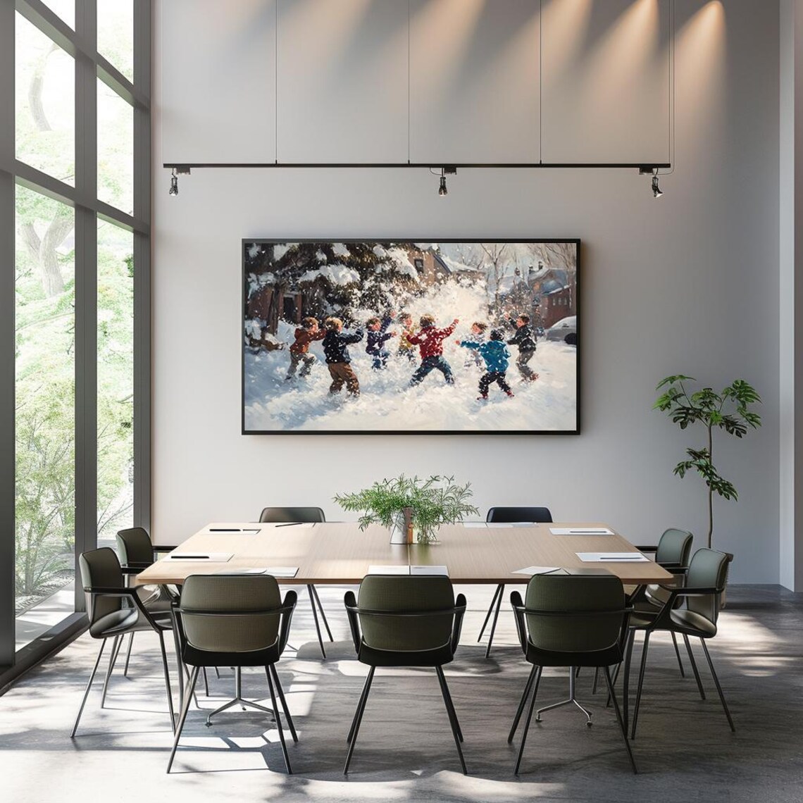 Children Snowball Fight Vibrant Winter Scene Oil Painting Holiday Poster - Image 3
