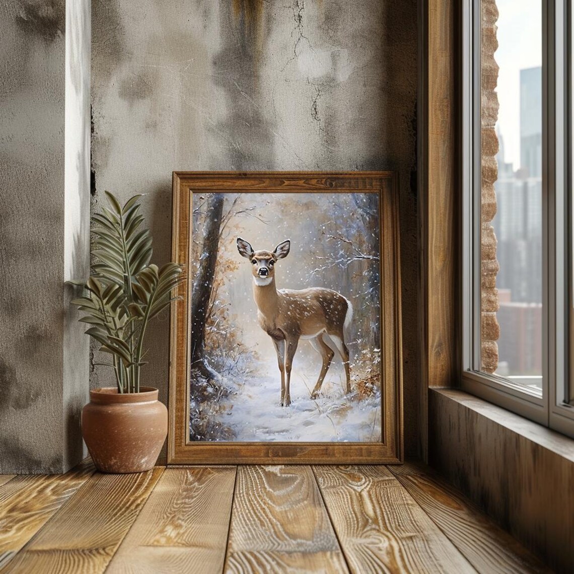 Deer In Snowy Forest Winter Woodland Wildlife Painting Poster - Image 2