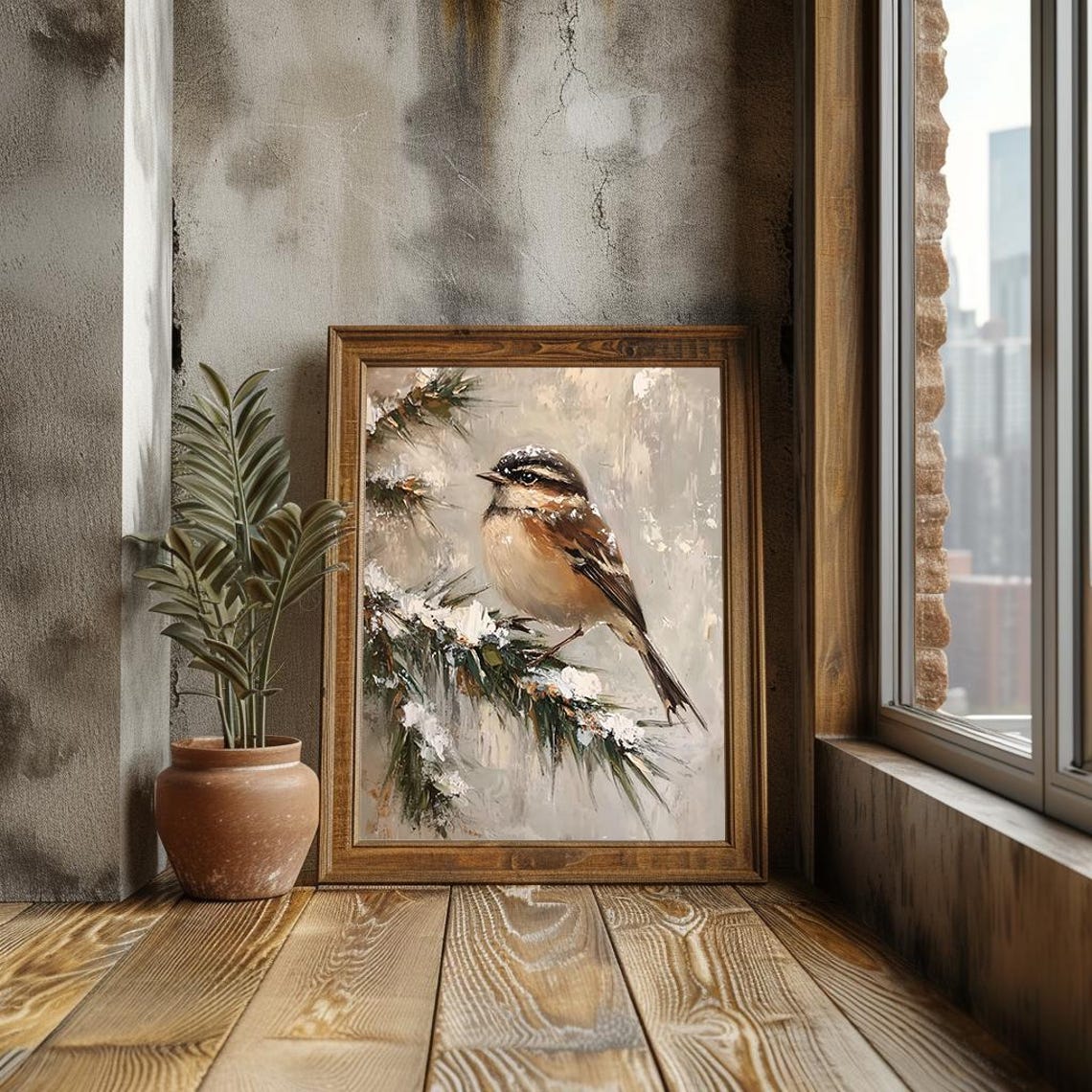 Winter Songbird on Snowy Pine Branch Soft Neutral Painting Poster - Image 3