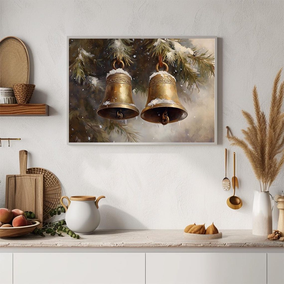 Two Snowy Brass Bells Hanging Pine Branches Winter Art Poster - Image 4
