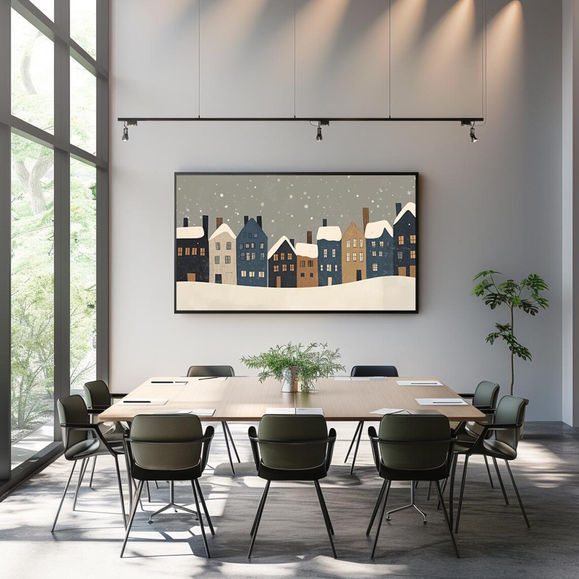 Minimalist Snowy Village Houses Flat Illustration Winter Wall Poster - Image 3