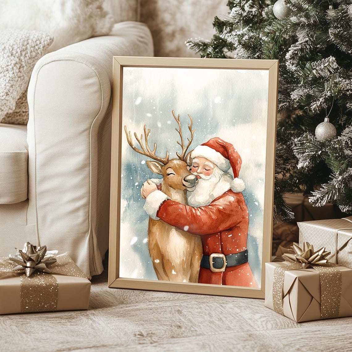 Santa Claus Embracing Reindeer in Snowfall Watercolor Christmas Poster - Image 5