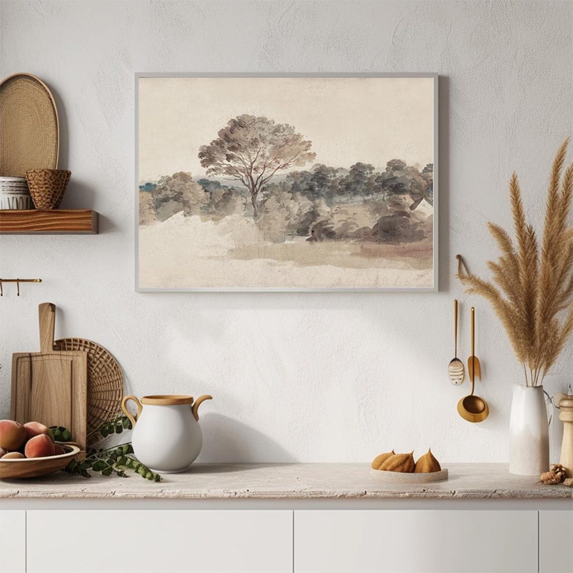 Minimalist Tree Line Sketch Beige Neutral Landscape Art Poster - Image 2