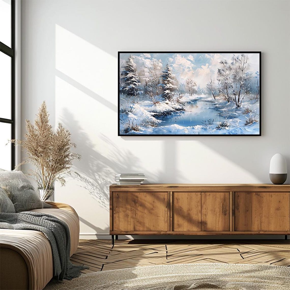 Frozen Blue River among Snowy Trees Winter Impasto Art Poster - Image 4