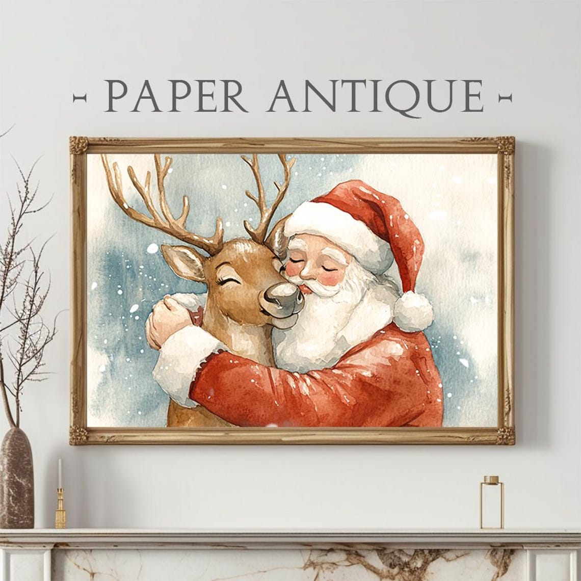 Santa Claus Hugging Reindeer Watercolor Festive Christmas Poster