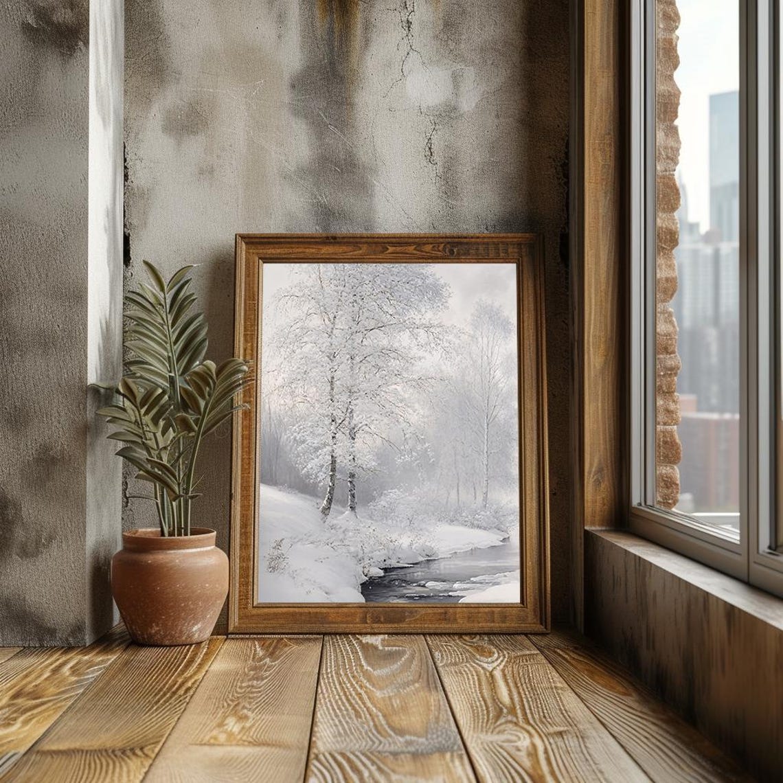Serene Winter Landscape Snowy Trees and Stream Painting Poster - Image 3